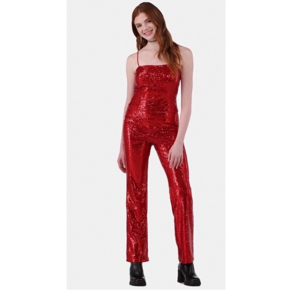 No Boundaries Women's XS Red Sequin Crop Top Flare Pants 2-Piece Set NWT